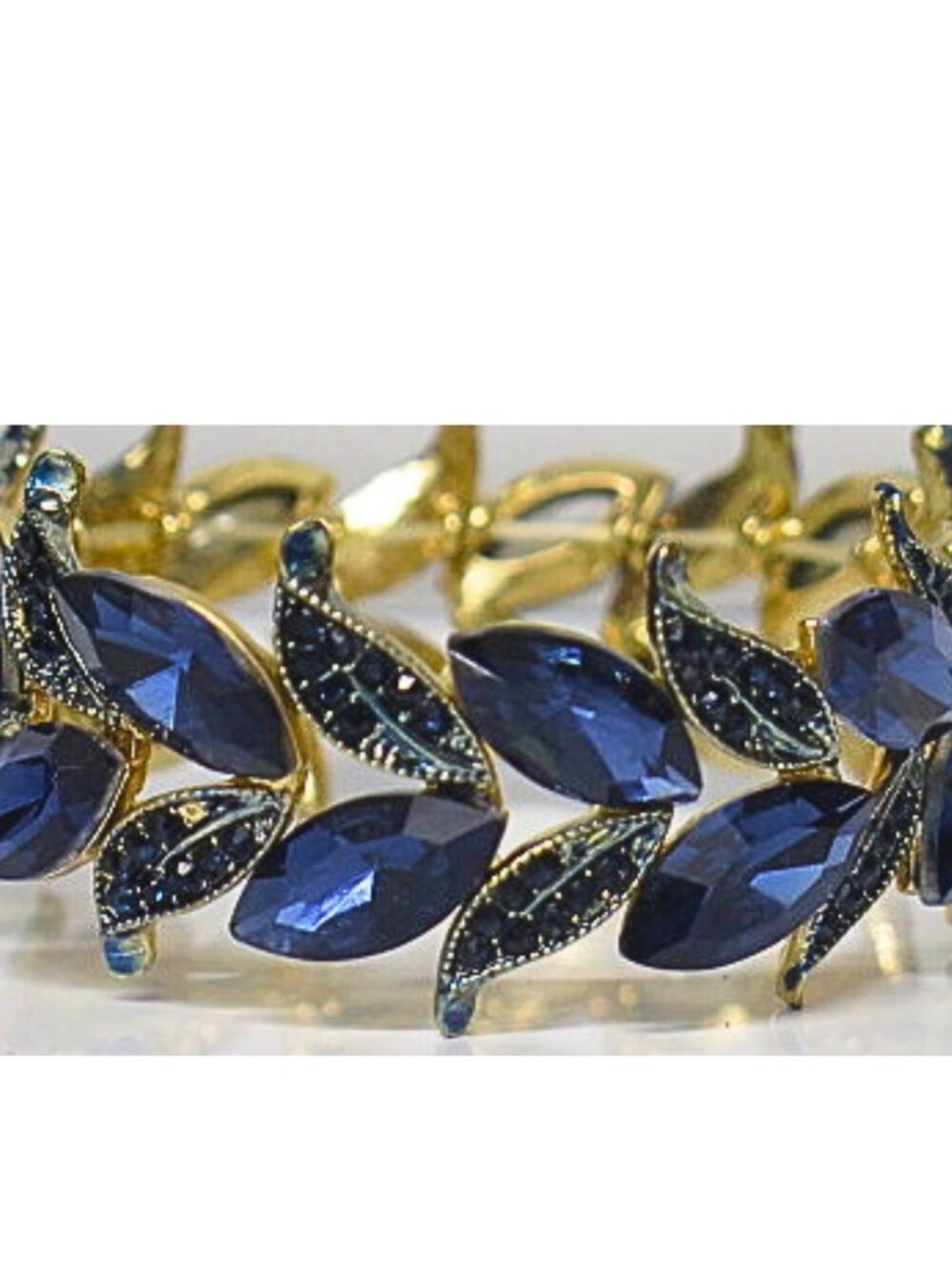 Estate Gold Tone Navy Blue Crystal Leaf Stretch Statement Bracelet